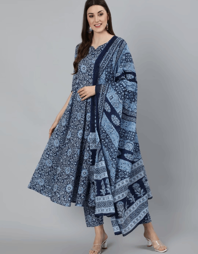 Women Blue Ethnic Motifs Printed Pure Cotton Kurta With Trousers and Dupatta