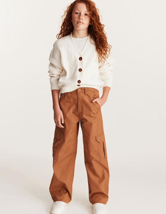Girls Pure Cotton Wide Cargo Trousers