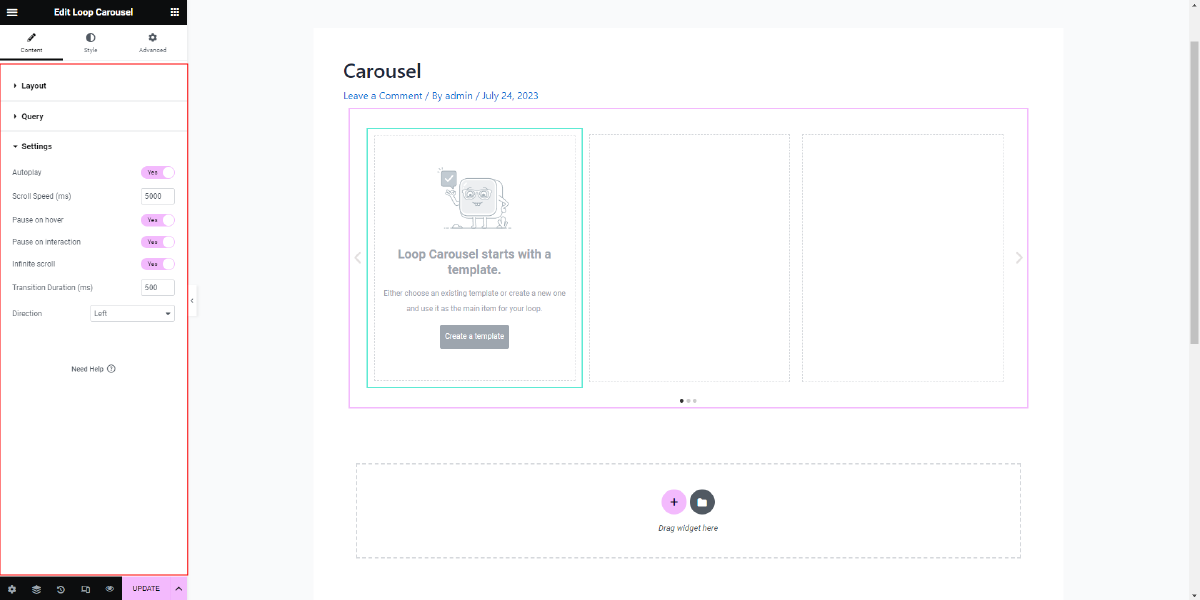 configure the loop carousel widget