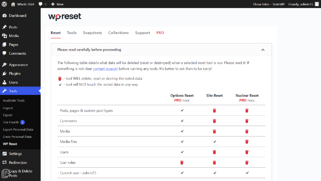 wp reset plugin dashboard