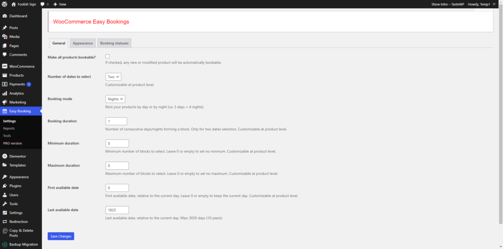 woocommerce easy booking settings