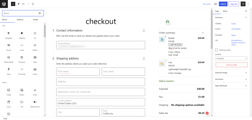 block pattern checkout page