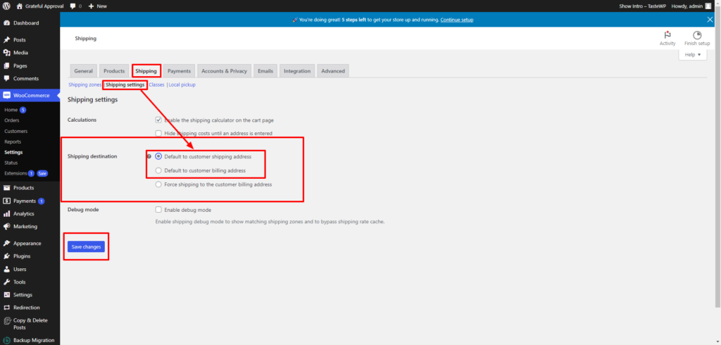 shipping destination settings